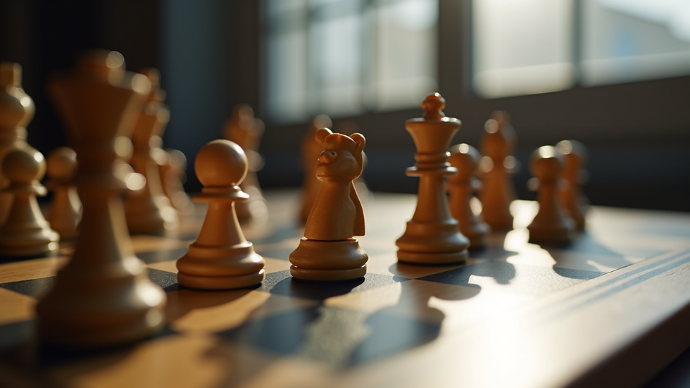 Eye-level view of chess pieces on a board