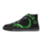 Men's high top canvas shoes with green graphics and text.
