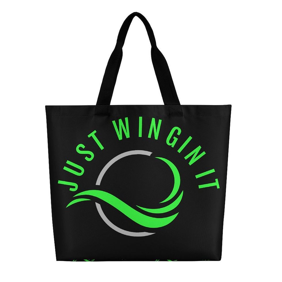 Thumbnail: Black tote bag with 'JUST WING IT' and green wave logo