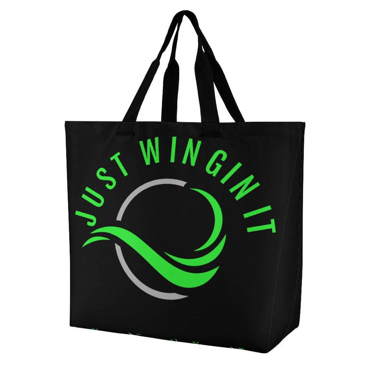Black tote bag with 'JUST WING IT' and green wave logo.