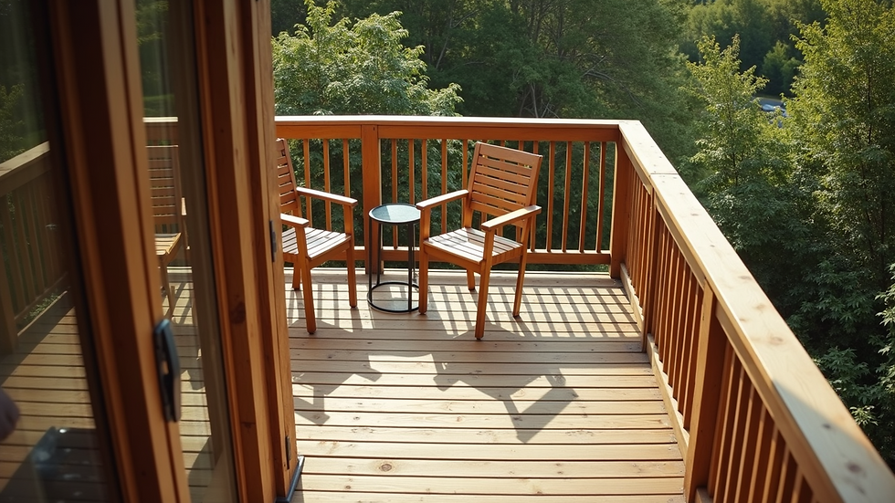 High angle view of a small wooden deck with simple railing and outdoor furniture