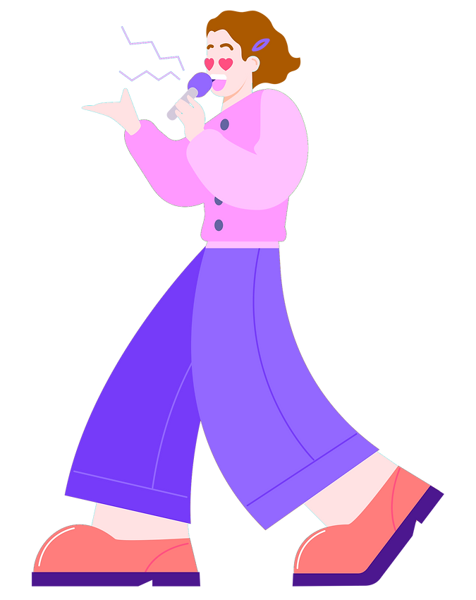Illustration von einer stehenden Person mit rosa Oberteil, violetter Hose und Mikrophon in der Hand