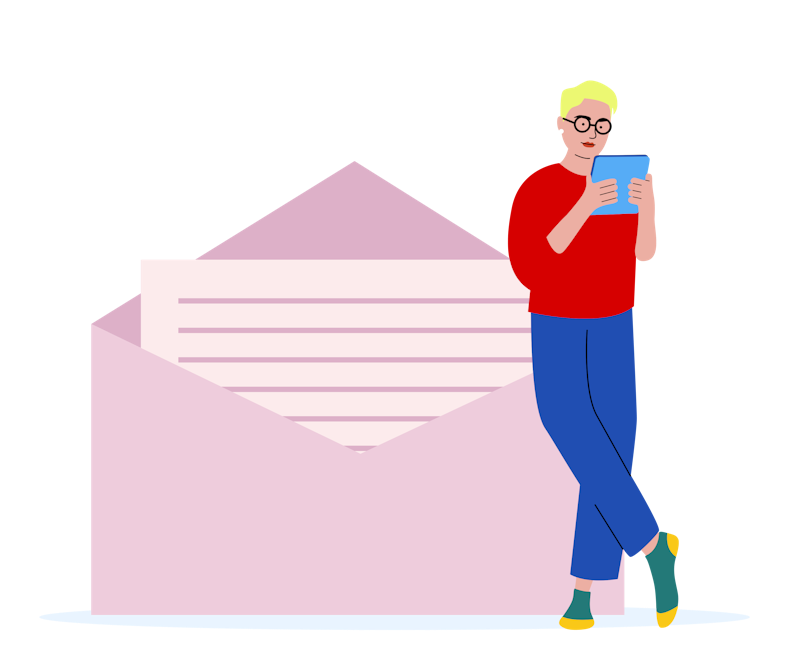Illustration einer Person, die vor einem Briefumschlag steht und in ein Tablet schaut.