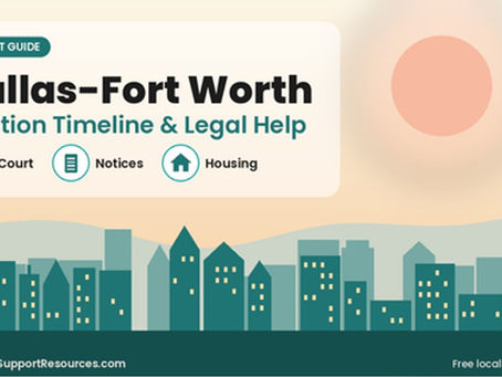 Dallas-Fort Worth • Eviction Timeline & Legal Help: illustrated city skyline cover for our guide to Dallas-Fort Worth eviction timeline and free legal help by county 2027