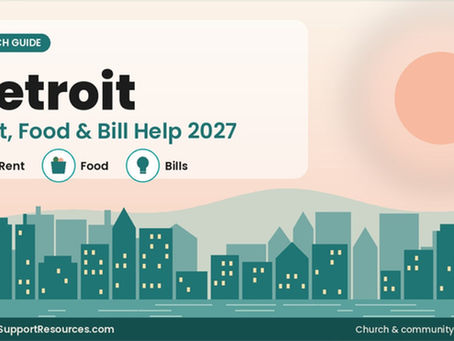 Detroit • Rent, Food & Bill Help 2027: illustrated city skyline with rent, food, and utility bill icons for our guide to churches helping with rent, food, and bills in Detroit