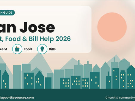 San Jose • Rent, Food & Bill Help 2026: illustrated city skyline with rent, food, and utility bill icons for our guide to churches helping with rent, food, and bills in San Jose