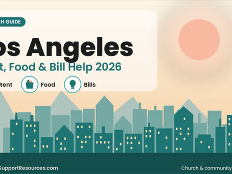 Los Angeles • Rent, Food & Bill Help 2026: illustrated city skyline with rent, food, and utility bill icons for our guide to churches helping with rent, food, and bills in Los Angeles