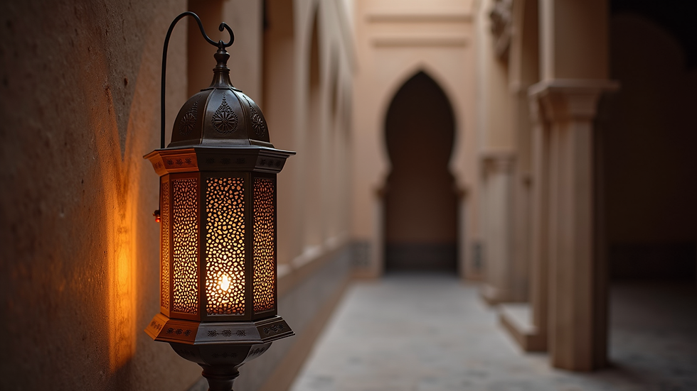 Eye-level view of Moroccan lantern with intricate metalwork