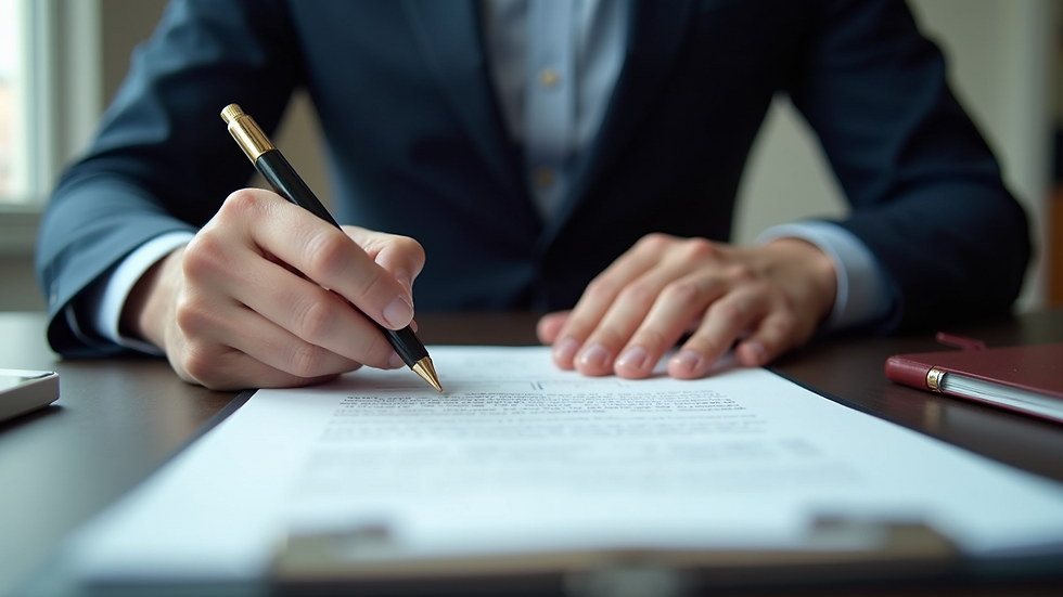 Close-up view of a person reviewing legal documents at a desk