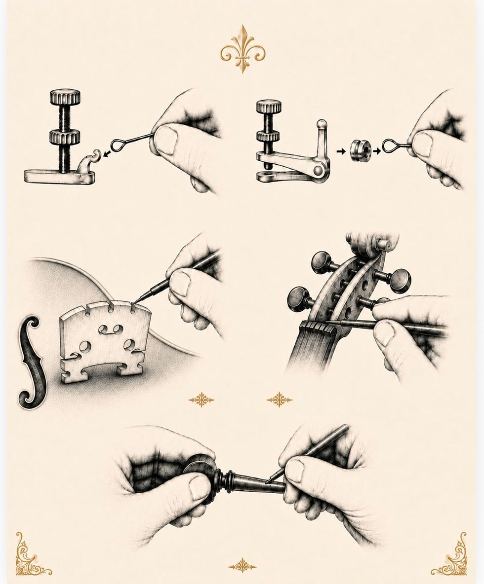 Vintage-style instructional illustration of violin maintenance steps