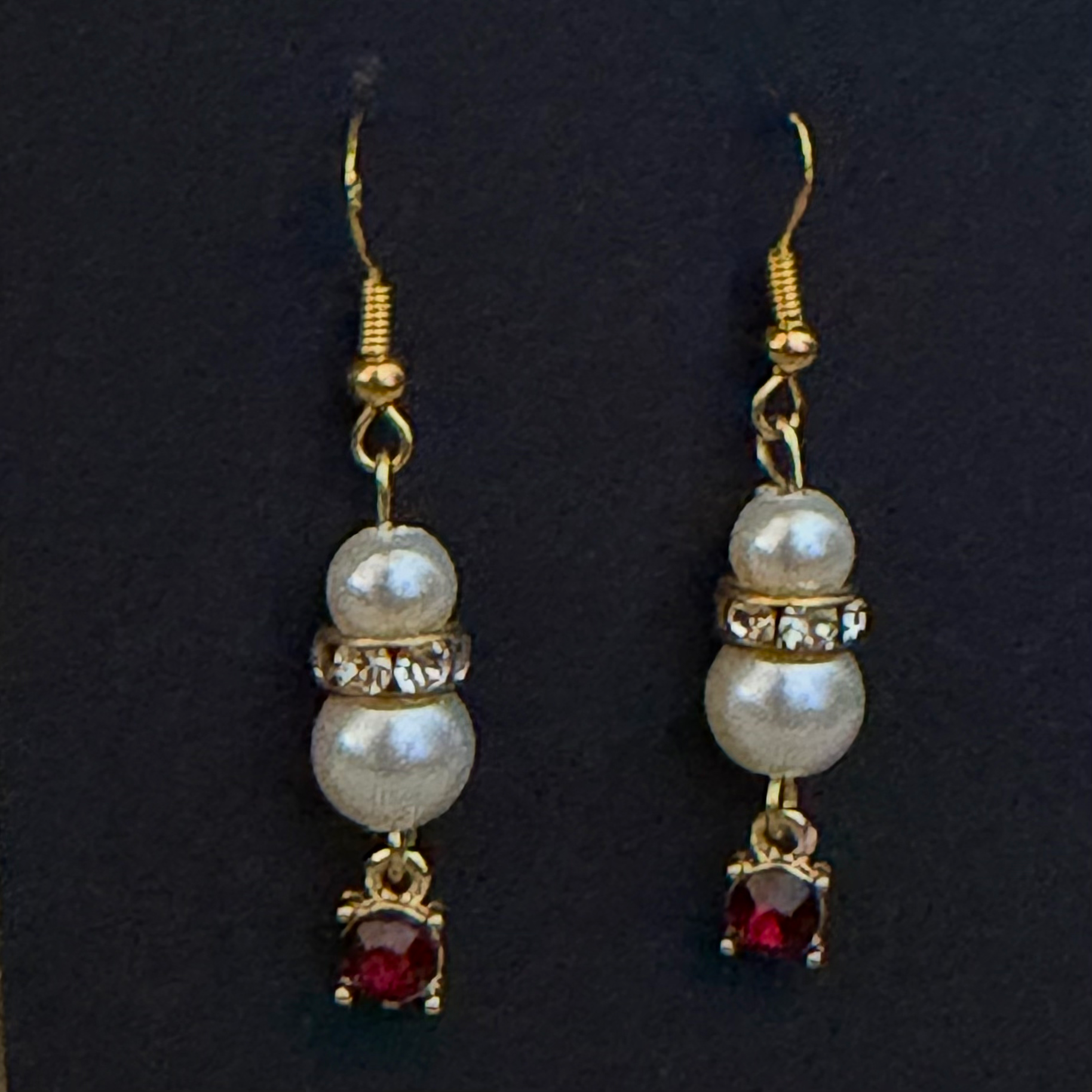 Pearl and Red Crystal Drop Earrings