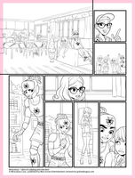 Comic book lineart page of Miraculous featuring Marinette, Adrien, Nino, Alya and her sister. Giulia Adragna is the artist behind the illustration.