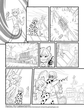 Comic book lineart page of Miraculous featuring Ladybug and Chat Noir fighting Mr Pigeon. Giulia Adragna is the artist behind the illustration.