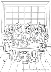 Lineart pencil illustration featuring five friends sitting around a café table while drinking tea and having some desserts. The drawing is by Giulia Adragna and it's inside one of the books from the series Glitter & Candy published by Fabbri.