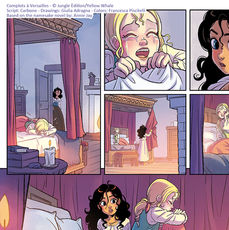 Comic page featuring young Cécile and Pauline in their bedroom, from Complots à Versailles series written by Annie Jay, a romantic adventure story set during Roi Soleil's reign in Paris. Character design and lineart artwork are by Giulia Adragna.