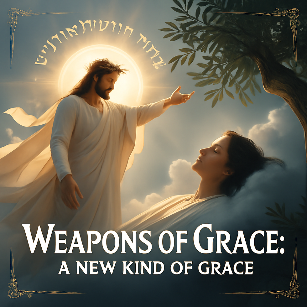 A radiant divine figure of Yeshua in flowing garments extends a glowing hand toward an emotional human soul below. Heavenly light breaks through clouds while Hebrew (חֵן) and Greek (χάρις) script float in the background, representing the transition from Old Testament favor to New Testament grace. Olive branches and subtle thorns accent the ethereal scene, blending divine authority with tender mercy in a composition designed for the blog header "Weapons of Grace: A New Kind of Grace."