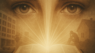 A pair of eyes superimposed over an open Bible with light radiating outward, while in the background, faded images of both worldly success and apparent failure are visible but secondary to the illuminated Word. Focus on spiritual sight over natural sight.