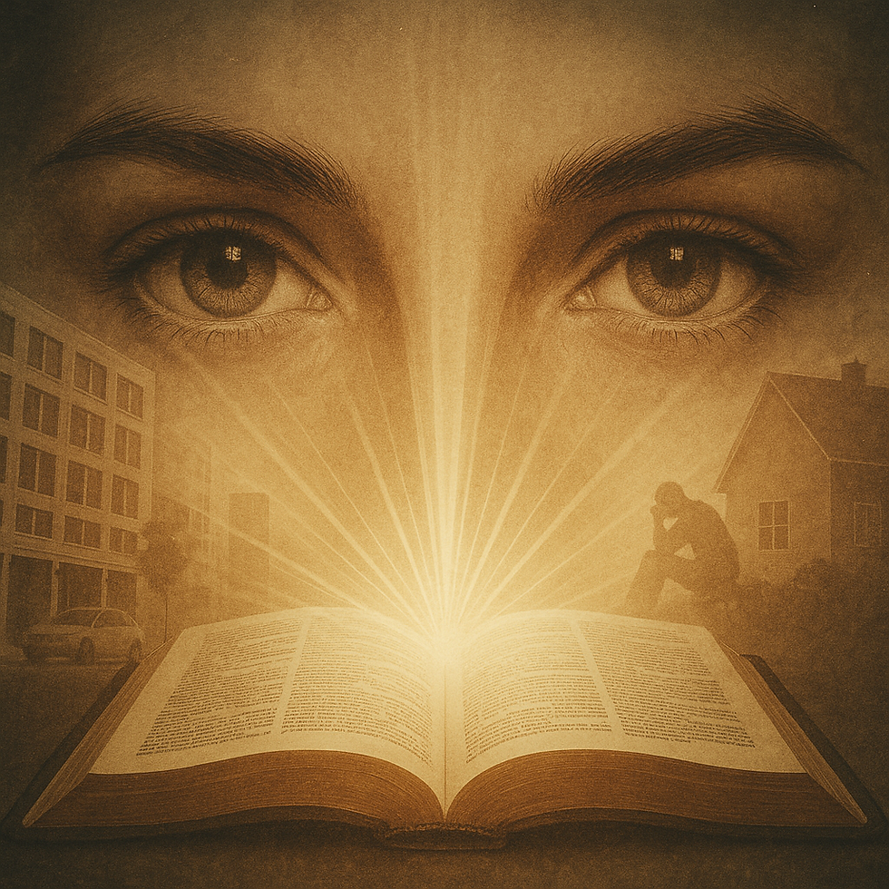 A pair of eyes superimposed over an open Bible with light radiating outward, while in the background, faded images of both worldly success and apparent failure are visible but secondary to the illuminated Word. Focus on spiritual sight over natural sight.