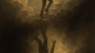 A person climbing upward on an invisible staircase through clouds, while below them the shadow shows them falling downward—illustrating the disconnect between earthly appearance and heavenly reality. Dramatic lighting, ethereal quality.