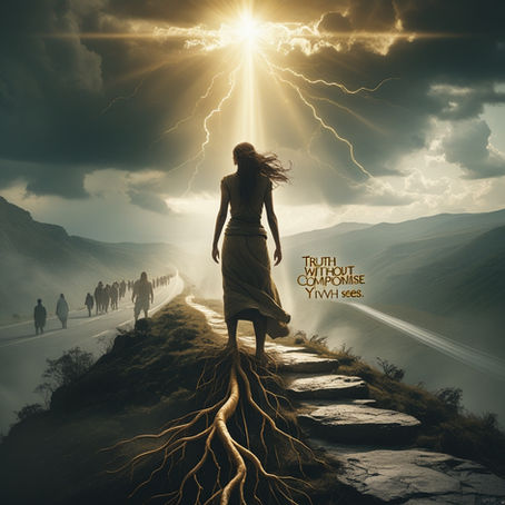 A solitary figure of a woman standing firm against fierce winds on a narrow mountain path, with deep roots extending down from their feet into solid rock. Storm clouds swirl around them but a beam of divine light breaks through directly overhead, illuminating their unwavering stance. In the background, masses of people walk easily on a wide, paved road below, but the lone figure continues upward on the difficult path. Their silhouette shows strength despite visible scars, and golden text floats near them reading fragments like 'truth without compromise' and 'YHVH sees.' The overall tone is both sorrowful and triumphant - showing someone who has lost much but gained something unshakeable. dramatic lighting, biblical/spiritual atmosphere, muted earth tones with golden divine light, photorealistic with symbolic elements.