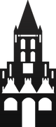 Die "Heiligen-Geist-Kirche", eines der Wahrzeichen Rostocks, als dunkle Silhouette vor hellem Hintergrund.