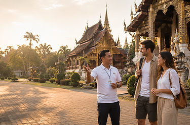 Licensed local guide explaining the history of a Chiang Mai temple.