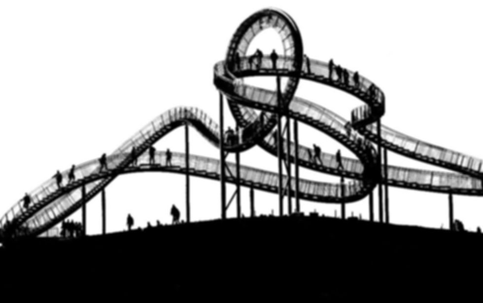 een achtbaan waarin je kan wandelen als metafoor voor het leven. het is de logo van vertelburo - levensverhalen op film