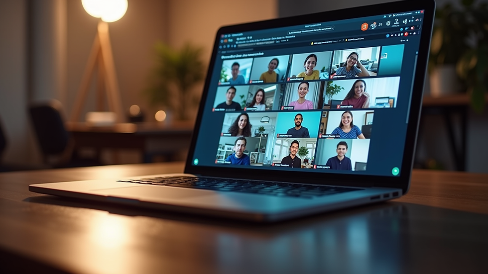 Eye-level view of a laptop screen showing a vibrant online community forum