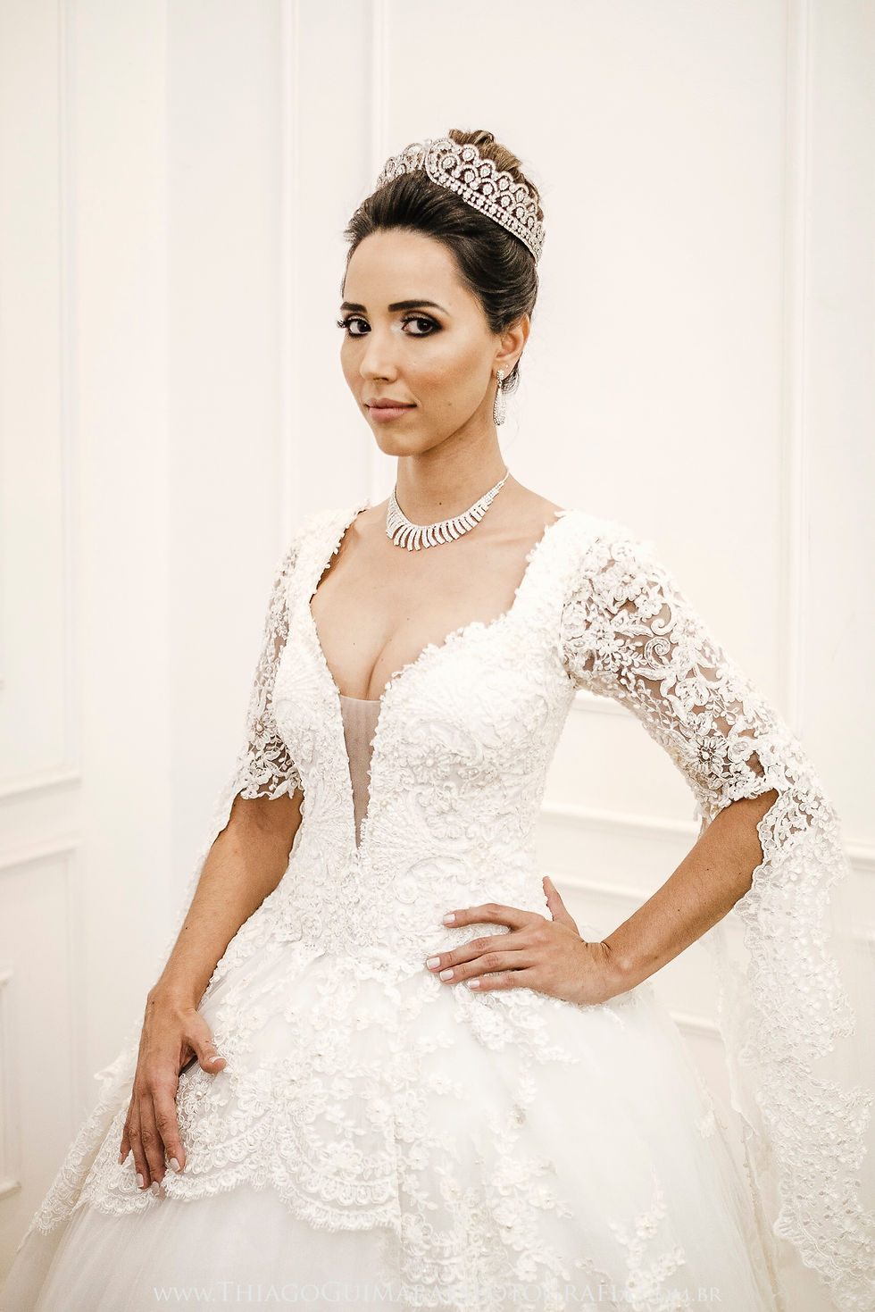 Miniatura: Vestido de noiva princesa com mangas removiveis