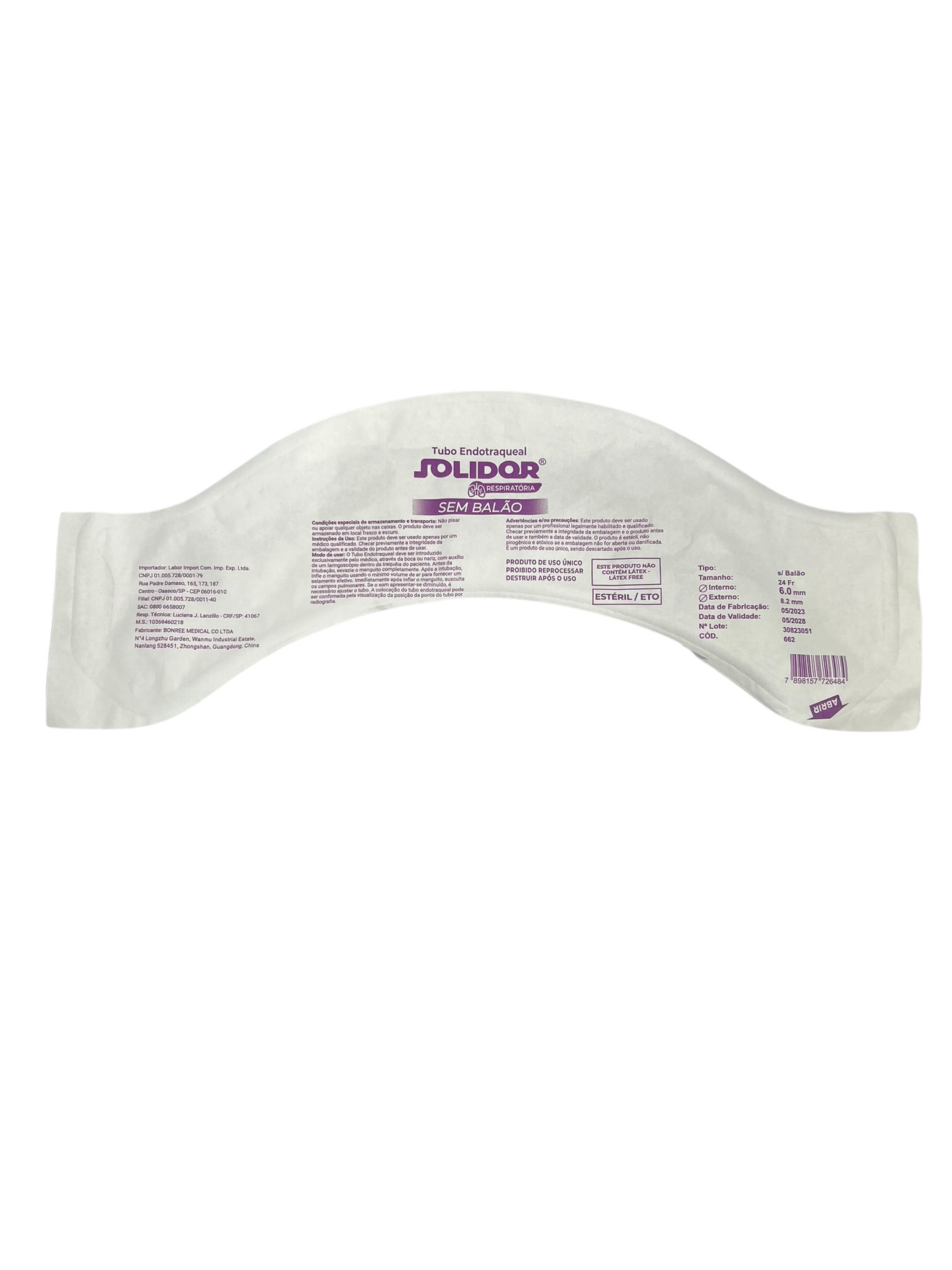 Tubo Endotraqueal 6,0 s/ Balão - un SOLIDOR