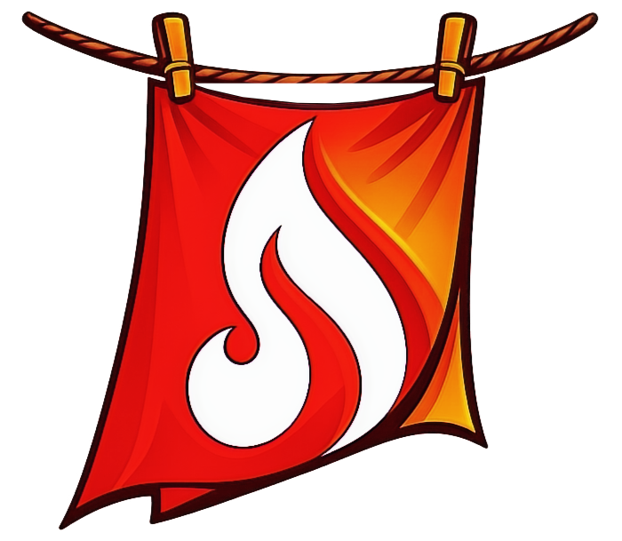 Red flag with white flame icon hanging on a rope