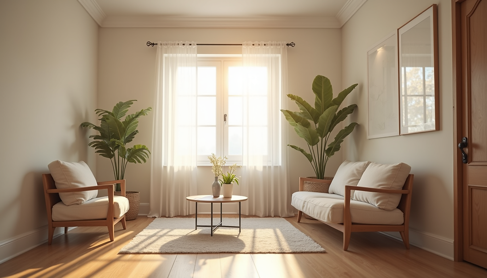 Eye-level view of a peaceful therapy room with soft lighting