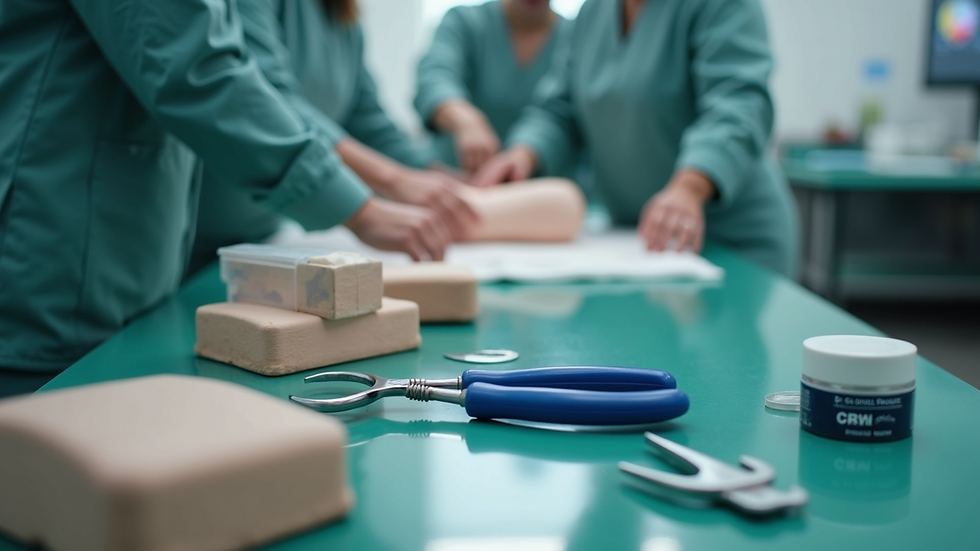Eye-level view of CPR training tools on a table