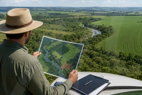 Produtor rural analisando mapa de regularização ambiental rural em propriedade agrícola com área preservada.