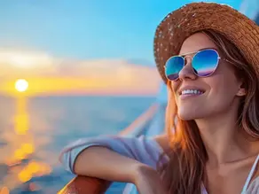 Young-attractive-woman-in-sunglasses-and-straw-hat-enjoying-the-view-of-beautiful-sunset-on-the-sea