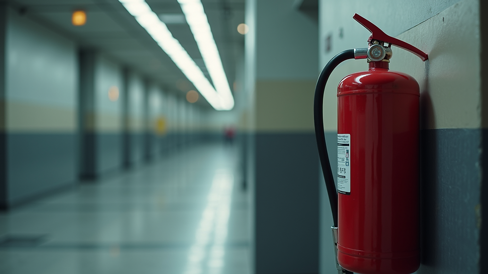 Eye-level view of fire extinguisher mounted on a wall in a commercial building