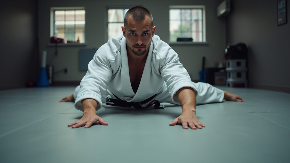 Eye-level view of a practitioner demonstrating guard position on a mat