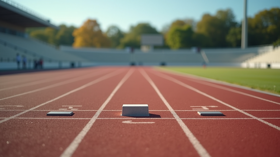 High angle view of an athletic track with starting blocks