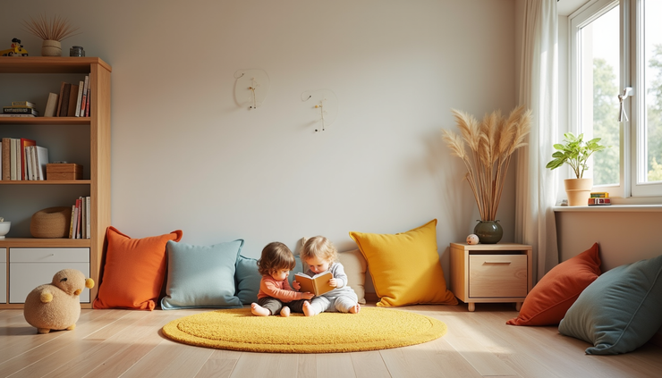 Eye-level view of a kindergarten classroom reading corner with colorful cushions and soft toys