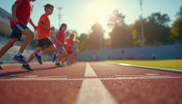 Eye-level view of a running track with students preparing for a race