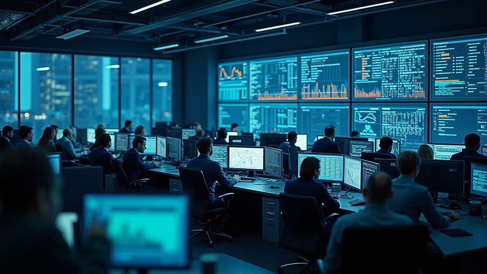 High angle view of a cybersecurity operations center with multiple screens displaying data