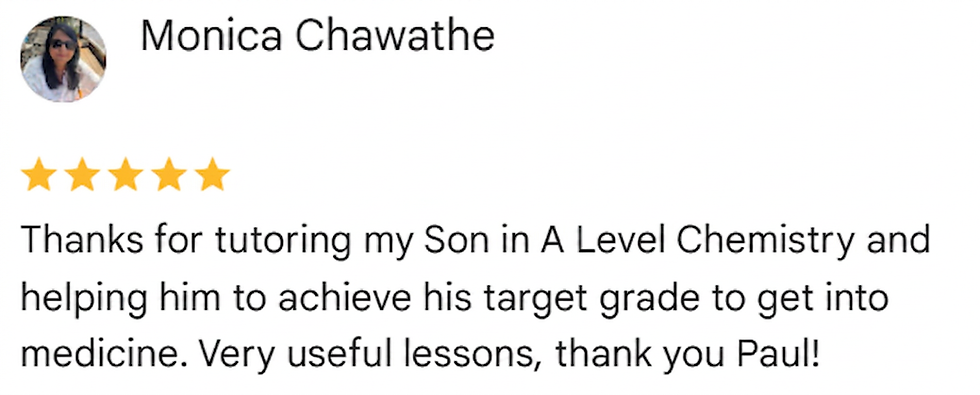 Five Star Google review for an A-Level Chemistry student who achieved his target grade to study medicine
