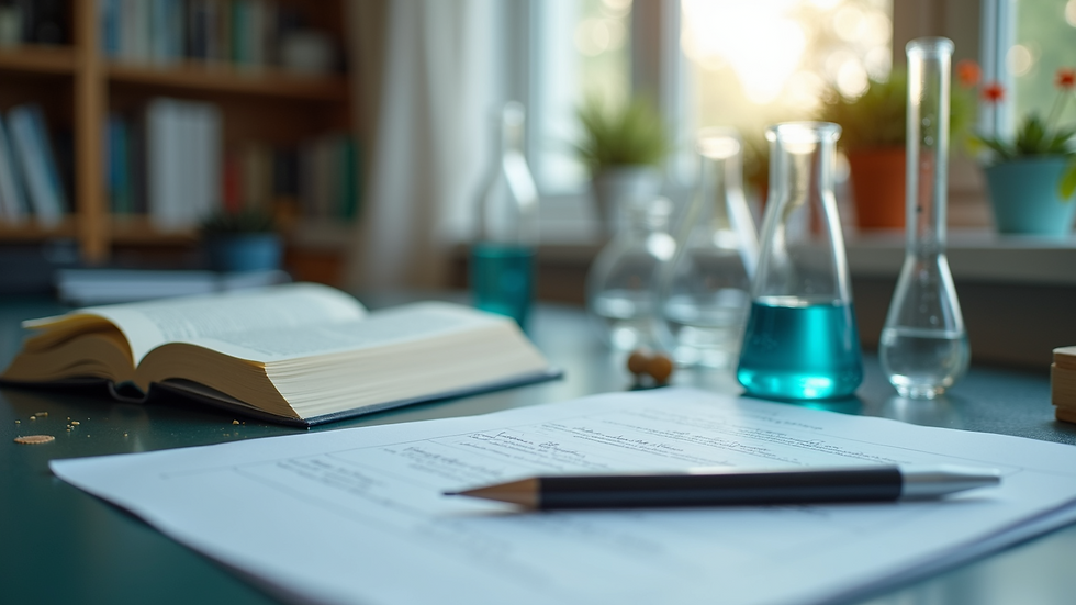 Close-up view of chemistry textbook and notes on a desk