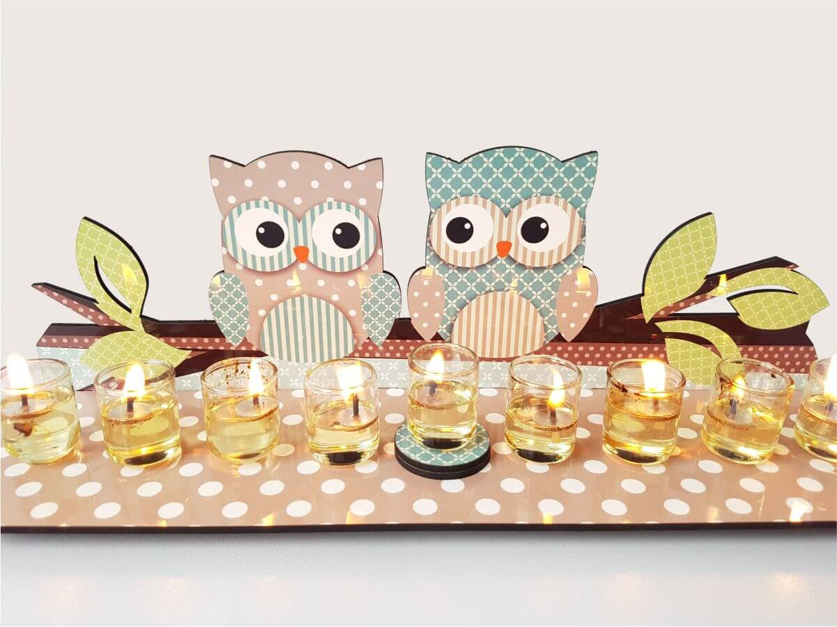 חנוכיית שמן מעוצבת | דגם ינשופים טורכיז מעושן