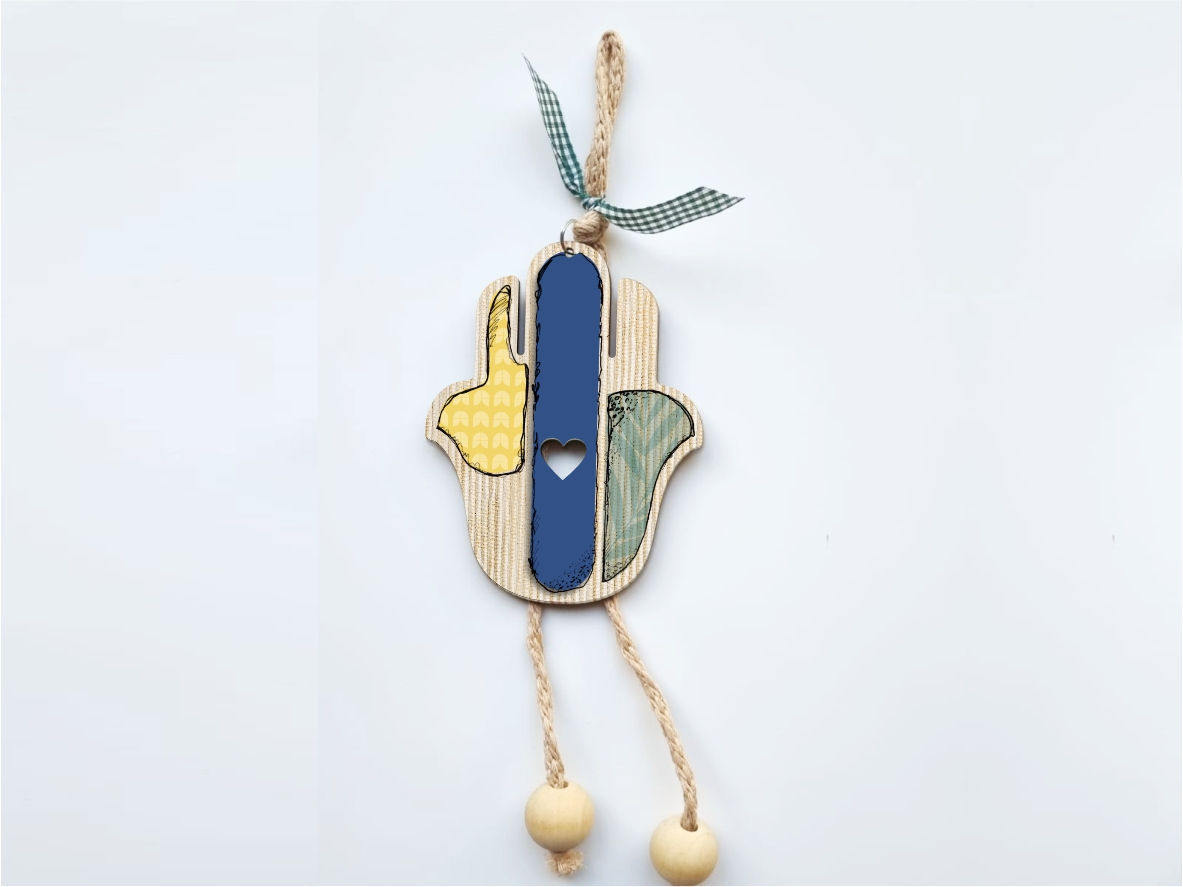 חמסה לתליה על הקיר דגם צהוב וכחול