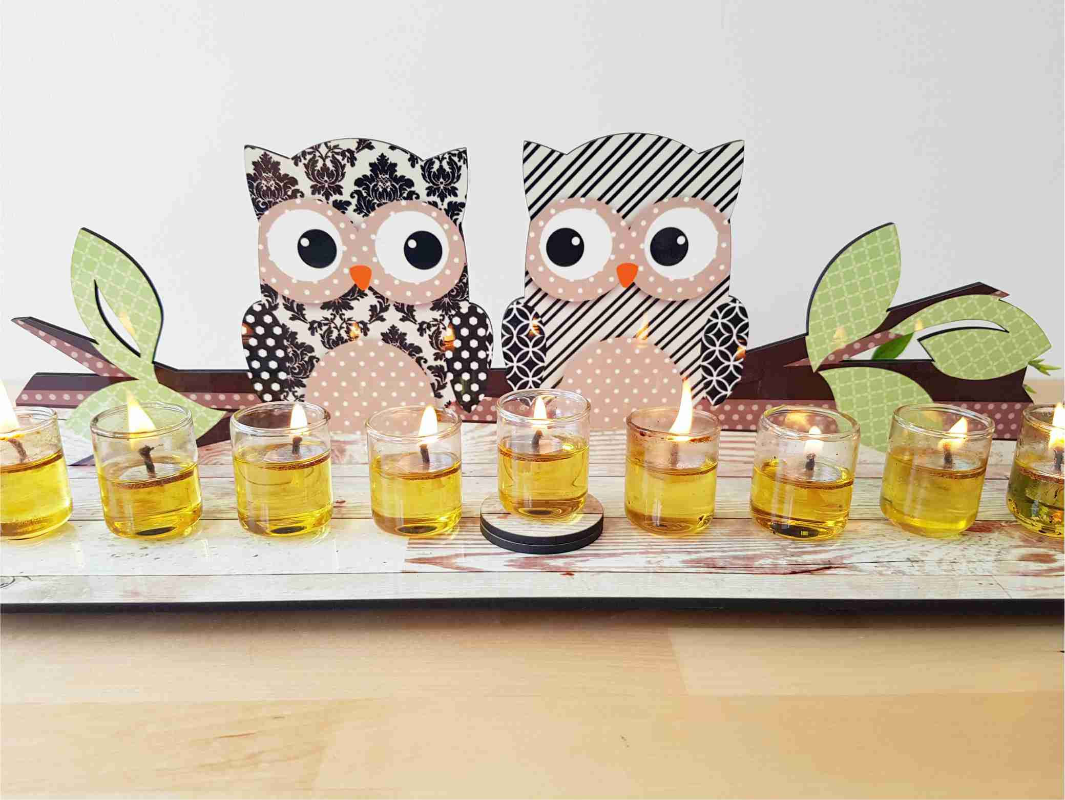 חנוכיית שמן מעוצבת | דגם ינשופים שחור