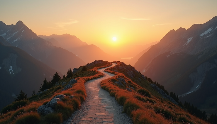 Eye-level view of a winding mountain path leading towards a bright sunrise
