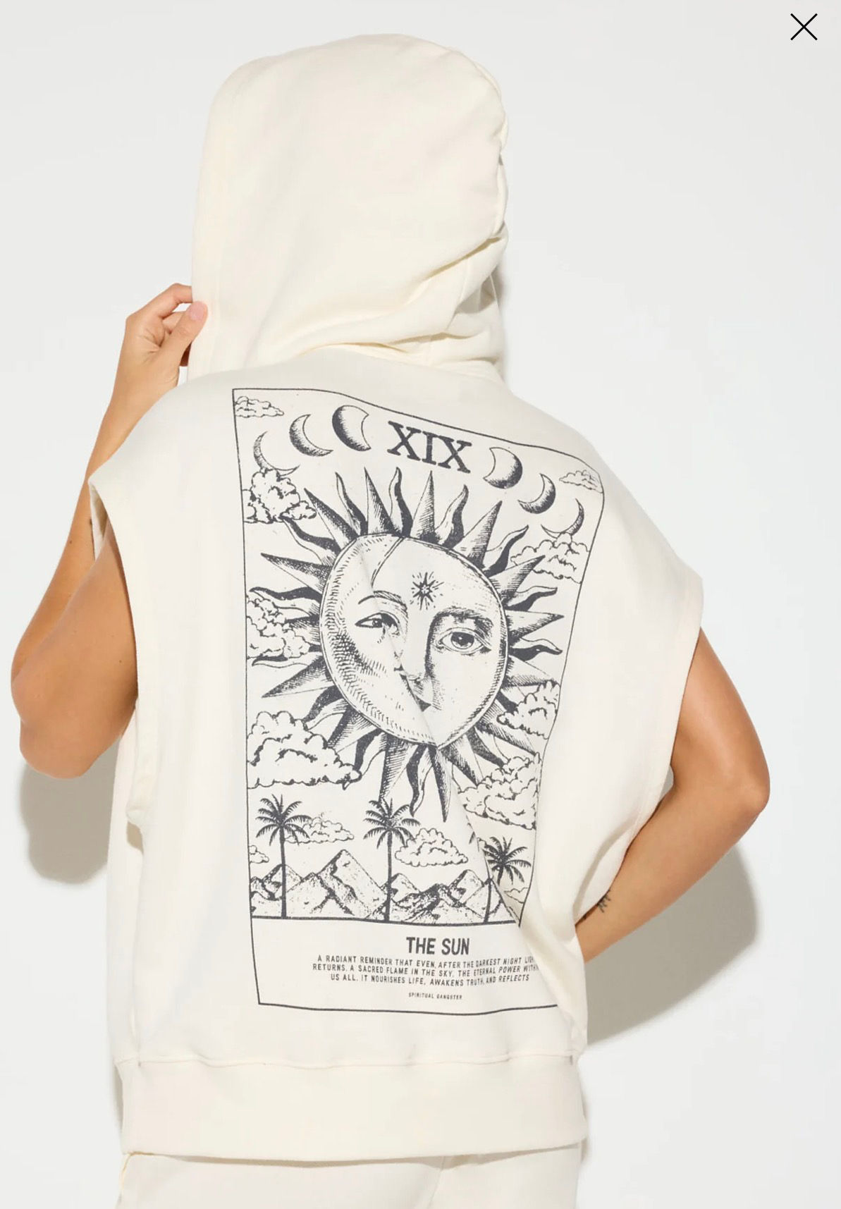 Back of a sleeveless hoodie with a The Sun tarot card design