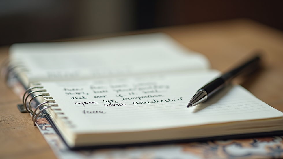 Close-up view of a notebook with handwritten stories and a pen