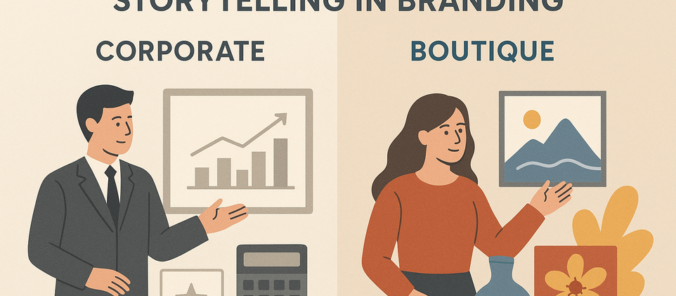 Two people compare corporate (charts) vs. boutique (art) branding. Text reads "The Role of Visual Storytelling in Branding."